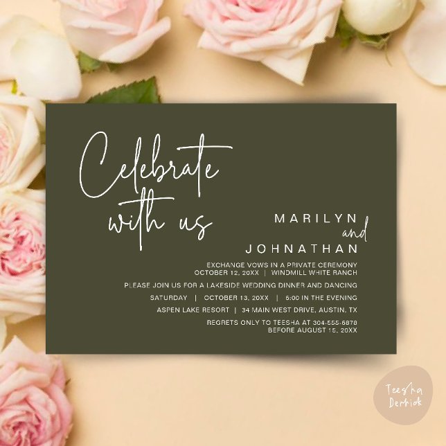 Celebrate with us, Post Wedding Elopement Party Invitation (Celebrate with us, Post Wedding Elopement Party Dinner Brunch Lunch Invitation Card PDF Olive Green)