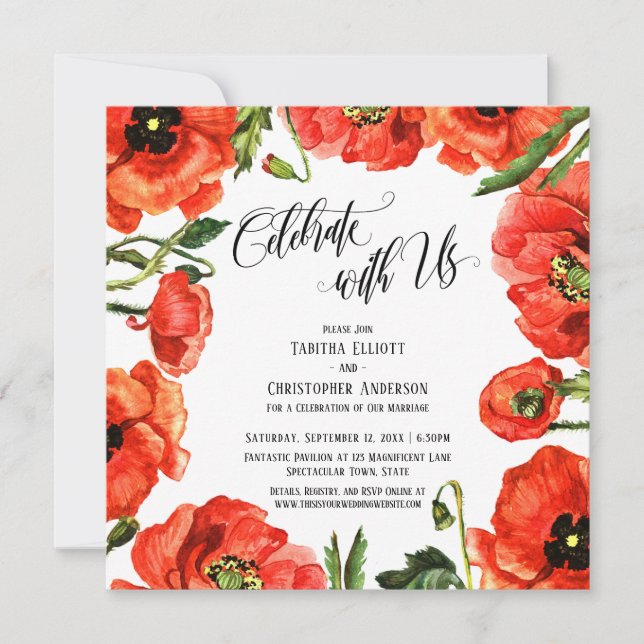 Celebrate with Us Red Poppies Wreath Reception Invitation (Front)