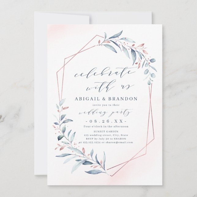 Celebrate With Us! Rose Gold Dusty Blue Greenery  Invitation (Front)