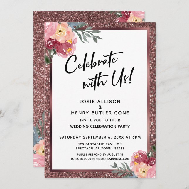 Celebrate With Us! Rose Gold Glitter and Flowers Invitation (Front/Back)