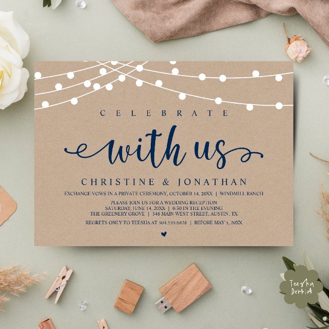 Celebrate with us Rustic Farm Wedding String Light Invitation (Celebrate with us Rustic Farm Wedding String Light Invitation Card, PDF, Navy Blue with little heart)