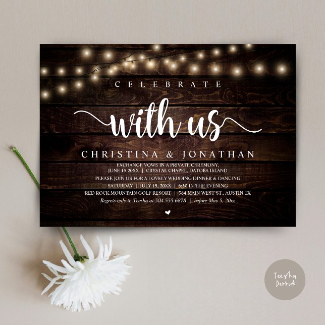 Celebrate with us, Rustic Wedding Dinner Elopement Invitation (Celebrate with us, Rustic Wedding Dinner Elopement Invitation card, pdf, in cottage dark wood)