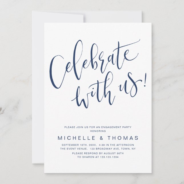 Celebrate With Us Script Navy Blue Modern Simple Invitation (Front)