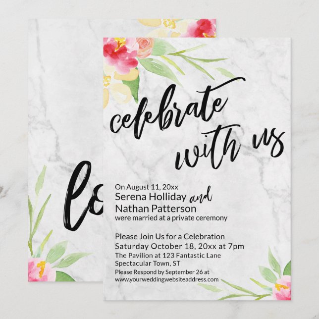 Celebrate with Us Soft Marble & Watercolor Flowers Invitation (Front/Back)