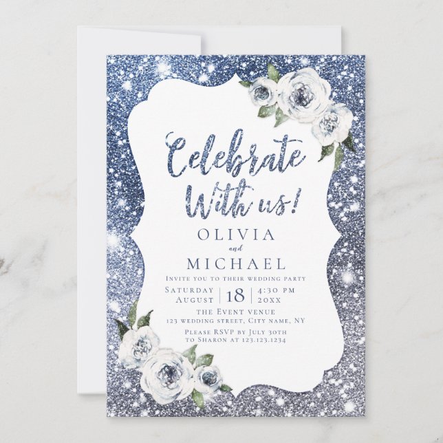 Celebrate With Us! Sparkle blue glitter and floral Invitation (Front)