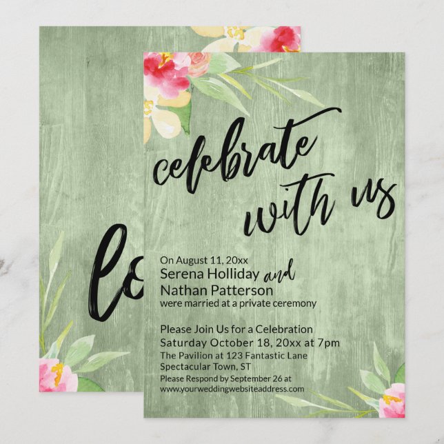 Celebrate with Us Watercolor Flowers & Green Wood Invitation (Front/Back)