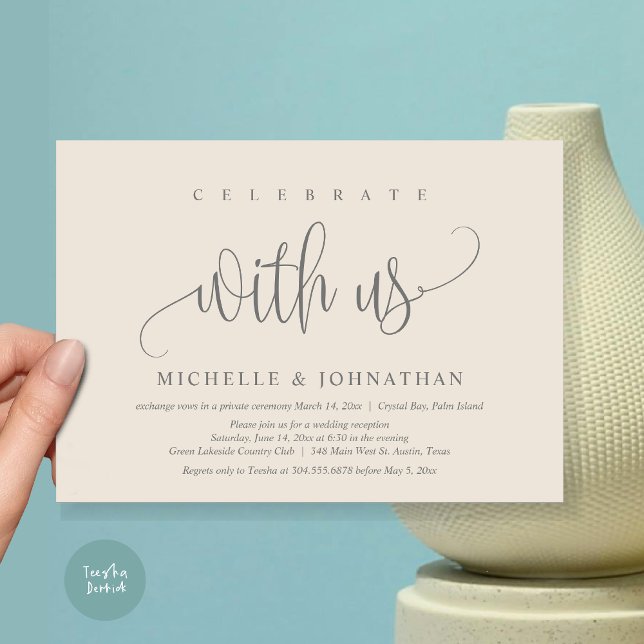 Celebrate With Us, Wedding Elopement Celebration Invitation (Celebrate with us, Modern Wedding Elopement Dinner Party Invitation Card, PDF, in Cream Grey)