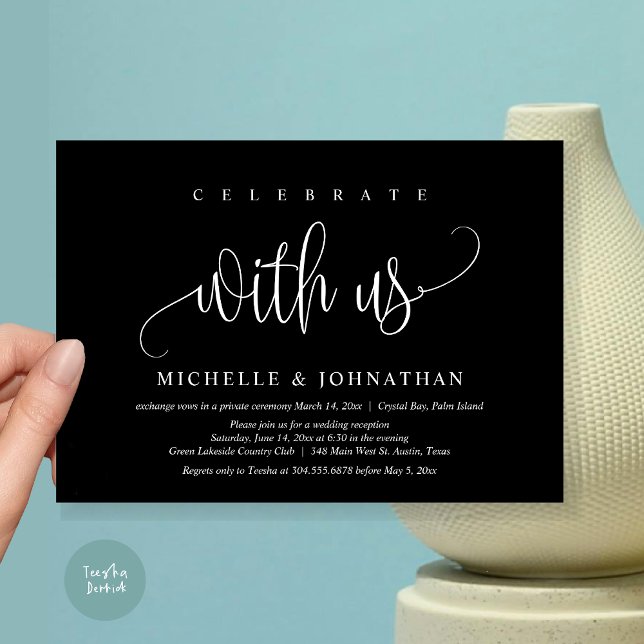 Celebrate With Us, Wedding Elopement Celebration Invitation (Celebrate with us, Modern Wedding Elopement Dinner Party Invitation Card, PDF, in elegant black)