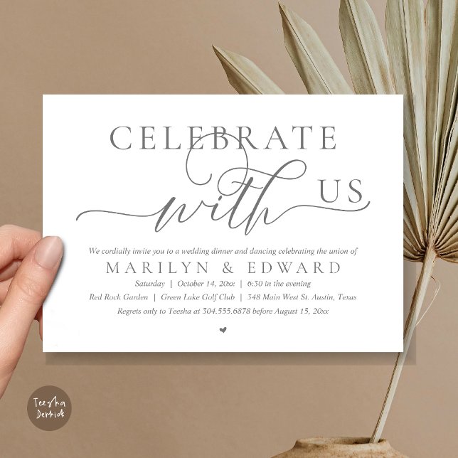 Celebrate with us, Wedding Elopement Dinner Invitation (Celebrate with us, Modern Romantic Wedding Elopement Dinner Invitation Card, PDF, in Dark Grey)