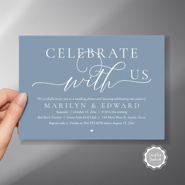 Celebrate with us, Wedding Elopement Dinner Invitation (Celebrate with us, Modern Romantic Wedding Elopement Dinner Invitation Card, PDF, in Dusty Blue)