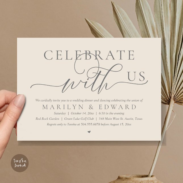 Celebrate with us, Wedding Elopement Dinner Invitation (Celebrate with us, Modern Romantic Wedding Elopement Dinner Invitation Card, PDF, in Grey and Cream)