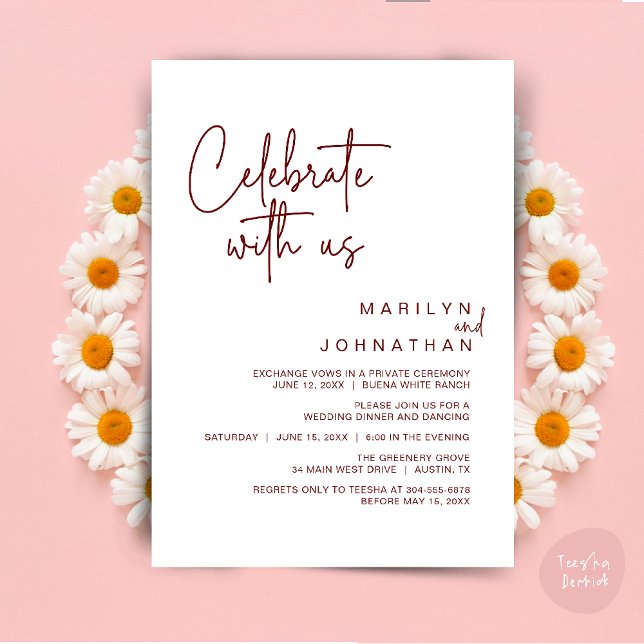 Celebrate with us, Wedding Elopement Dinner Party Invitation (Celebrate with us, Modern Wedding Elopement Dinner Lunch Brunch Party Invites Card PDF Burgundy Wine)