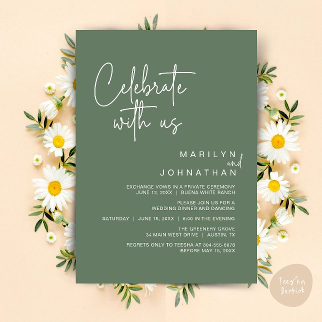 Celebrate with us, Wedding Elopement Dinner Party Invitation (Celebrate with us, Modern Wedding Elopement Dinner Lunch Brunch Party Invites Card PDF Sage Green)
