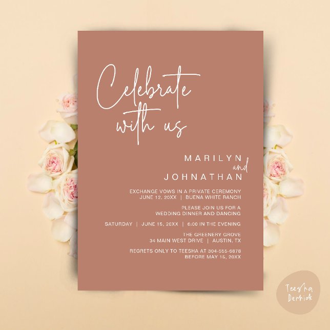 Celebrate with us, Wedding Elopement Dinner Party Invitation (Celebrate with us, Modern Wedding Elopement Dinner Lunch Brunch Party Invites Card PDF Earthy Brown)