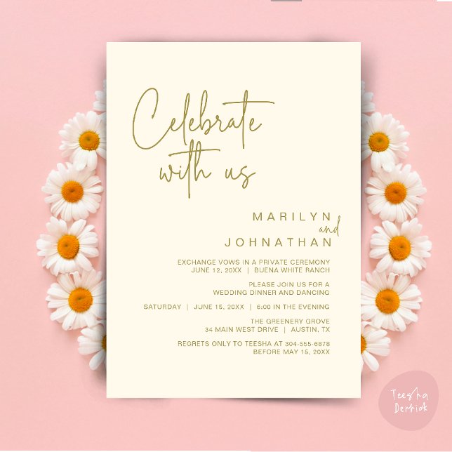 Celebrate with us, Wedding Elopement Dinner Party Invitation (Celebrate with us, Modern Wedding Elopement Dinner Lunch Brunch Party Invites Card PDF Yellow Gold)