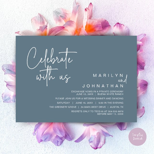 Celebrate with us, Wedding Elopement Dinner Party Invitation (Celebrate with us, Modern Wedding Elopement Dinner Lunch Brunch Party Invites Card PDF Dusty Blue)