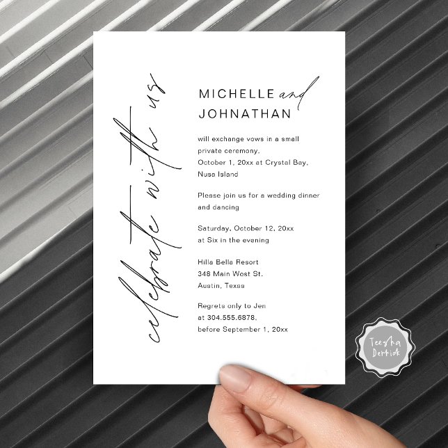 Celebrate with us, Wedding Elopement Dinner Party Invitation (Celebrate with us, Wedding Elopement Dinner Party and Dancing Invitation Card,  Modern script.)