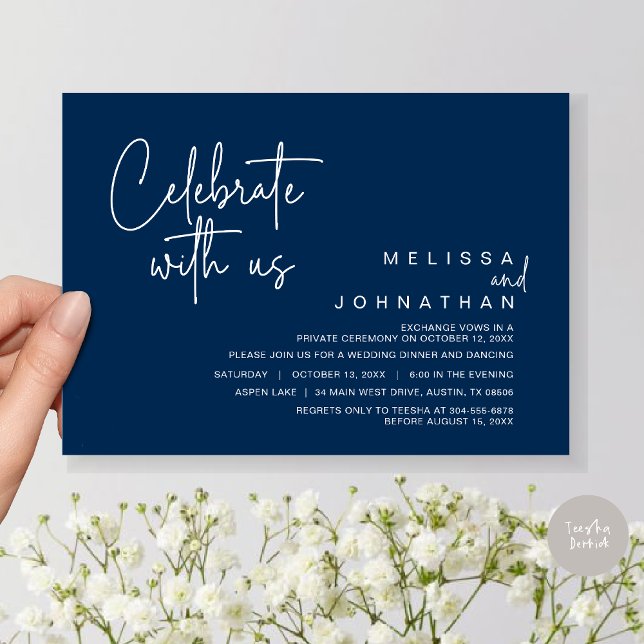 Celebrate with us, Wedding Elopement Dinner Party Invitation (Celebrate With Us, Wedding Elopement Dinner Invitation Card, PDF, in Navy Blue)