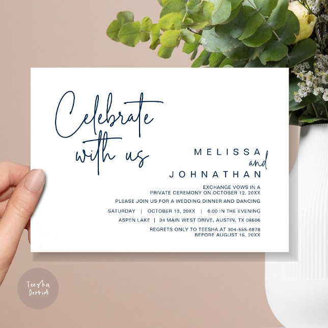 Celebrate with us, Wedding Elopement Dinner Party Invitation (Celebrate With Us, Wedding Elopement Dinner Invitation Card, PDF, in Navy Blue)