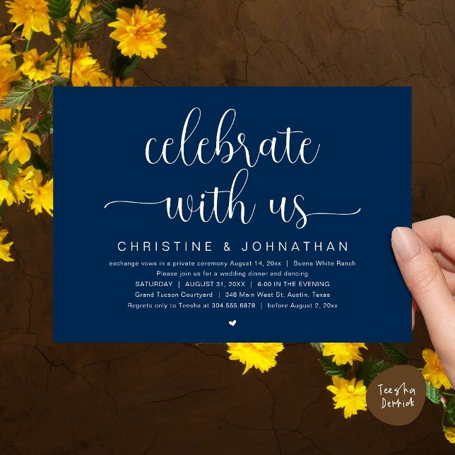 Celebrate with us, Wedding Elopement Dinner Party Invitation (Celebrate with us, Wedding Elopement Dinner Party Dancing Invites Card, pdf, classy navy blue)