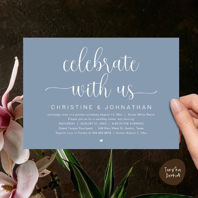 Celebrate with us, Wedding Elopement Dinner Party Invitation (Celebrate with us, Wedding Elopement Dinner Party Dancing Invites Card, pdf, classy dusty blue)