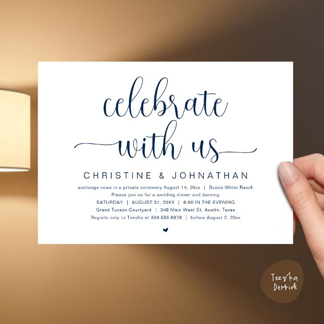 Celebrate with us, Wedding Elopement Dinner Party Invitation (Celebrate with us, Wedding Elopement Dinner Party Dancing Invites Card, pdf, classy navy blue)