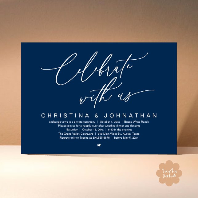 Celebrate With Us Wedding Elopement Dinner Party  Invitation (Celebrate With Us Romantic Wedding Elopement Dinner Brunch Lunch Party Invites Card PDF Navy Blue)