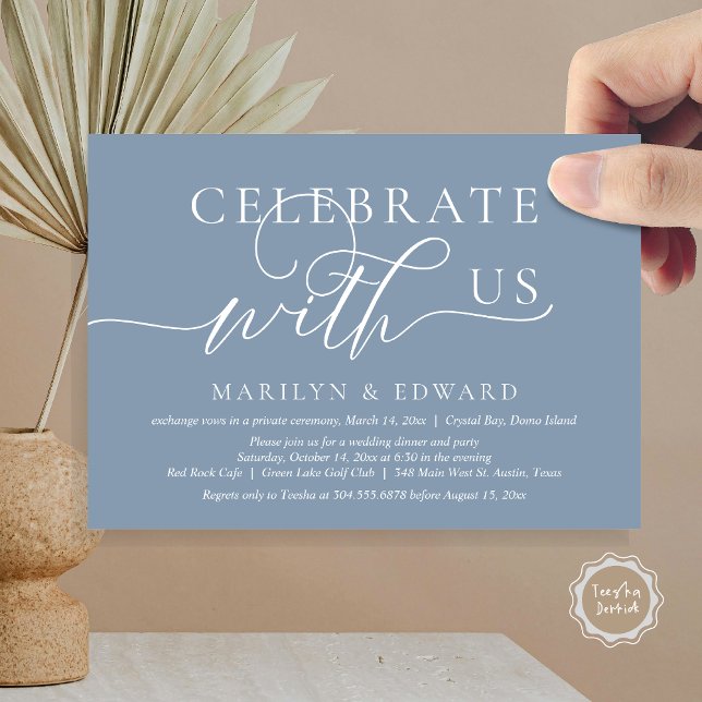 Celebrate with us, Wedding Elopement Party Invitation (Celebrate with us, Wedding Elopement Party Invitation Card, PDF, Modern Elegant, in dusty blue)