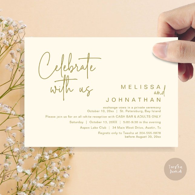 Celebrate with us, Wedding Reception Cash Bar Invitation (Celebrate with us, Wedding Reception Dinner Cash Bar Adults Only Invitation Card PDF in Yellow Gold)