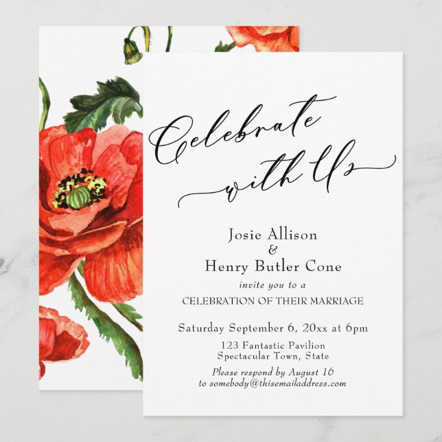 Celebrate with Us Wedding Reception, Red Poppies Invitation (Front/Back)
