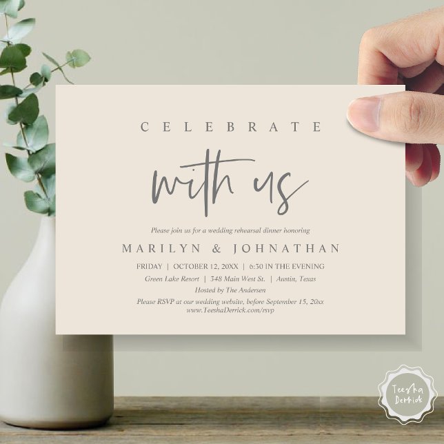 Celebrate With Us, Wedding Rehearsal Party Invitation (Celebrate with us, Wedding Rehearsal Dinner Party Invitation Card, PDF, Modern Casual, Grey Cream)