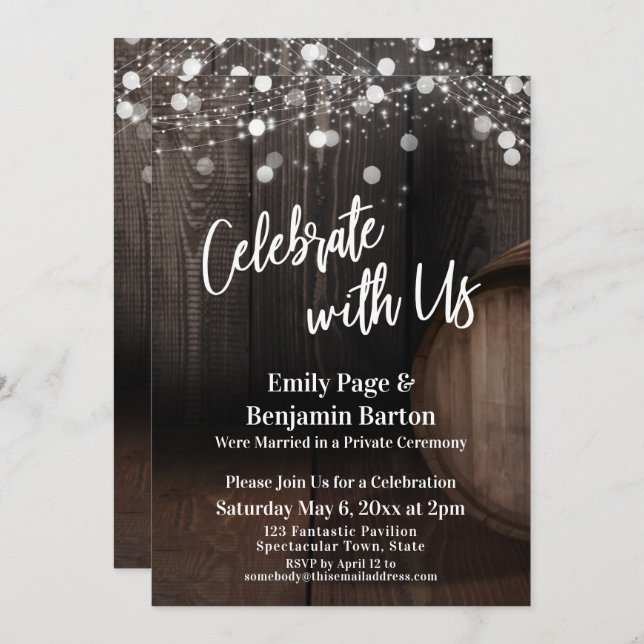 Celebrate with Us Wood Wine Barrel and Lights Invitation (Front/Back)