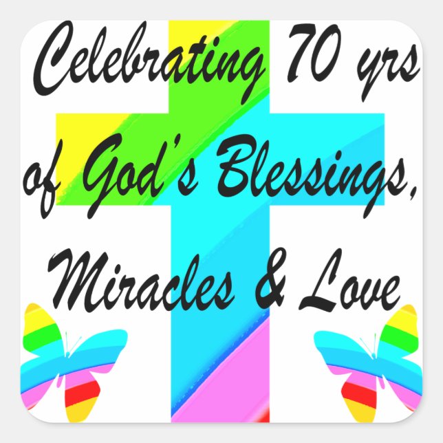 CELEBRATING 70TH BUTTERFLY AND CROSS DESIGN SQUARE STICKER (Front)