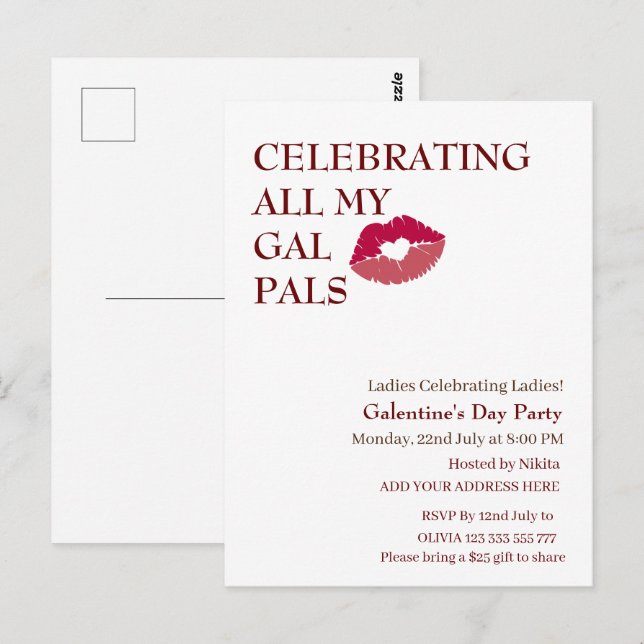 CELEBRATING ALL MY GAL Galentine's Day Girls Night Postcard (Front/Back)