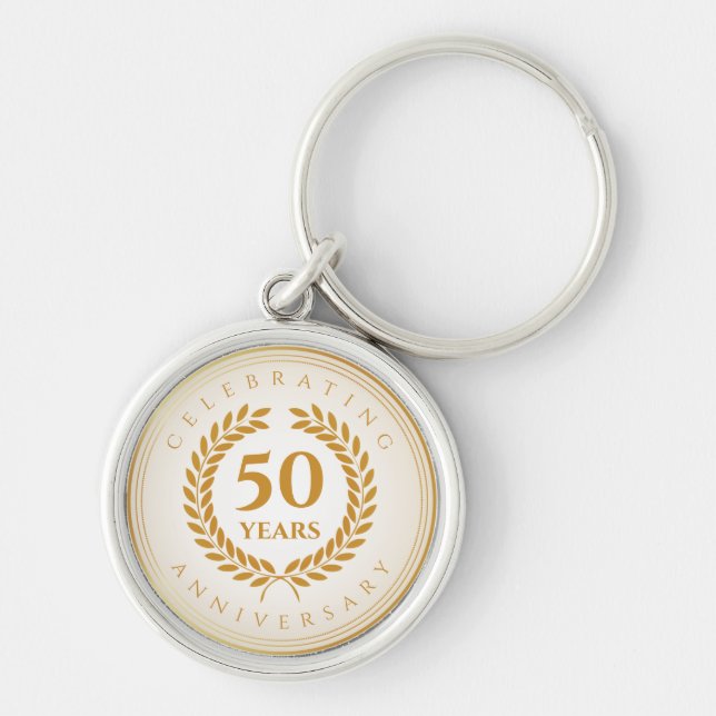 Celebrating Anniversary. Gold Personalised Key Ring (Front)