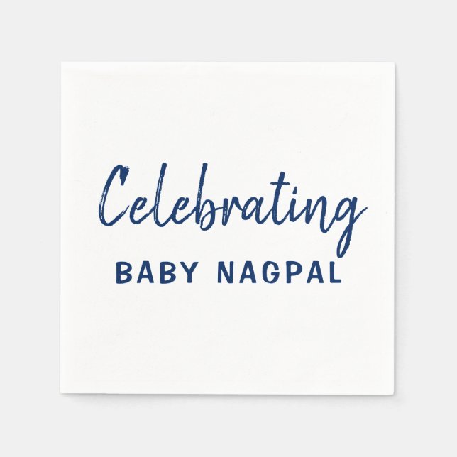 Celebrating Baby Navy Blue & White Cocktail Napkin (Front)