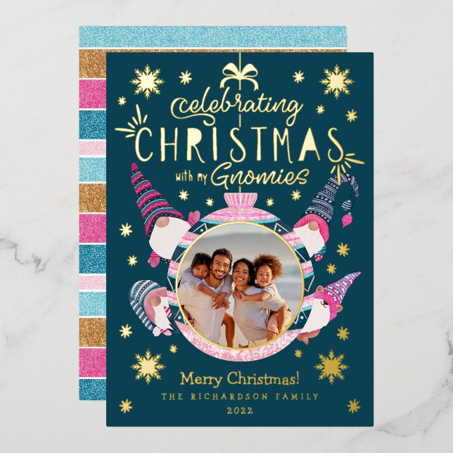 Celebrating Christmas With My Gnomies Family Photo Foil Holiday Card (Front/Back)