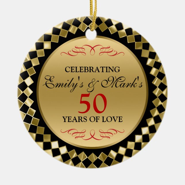 Celebrating- Gold Diamonds And Red Swirls Ceramic Tree Decoration (Front)