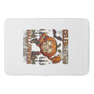 Celebrating Halloween Beer Skull Pumpkin Bat Candl Bath Mat