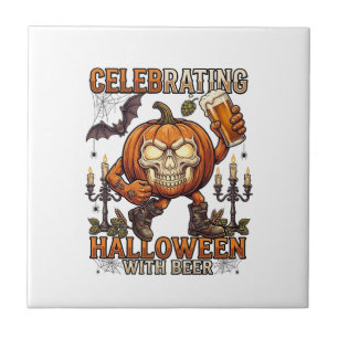 Celebrating Halloween Beer Skull Pumpkin Bat Candl Tile