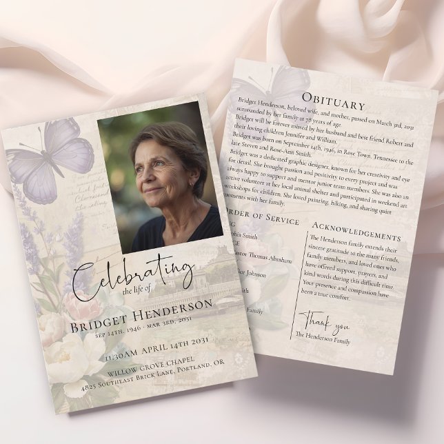 Celebrating Life Lavander Butterfly Photo Funeral Programme (Creator Uploaded)
