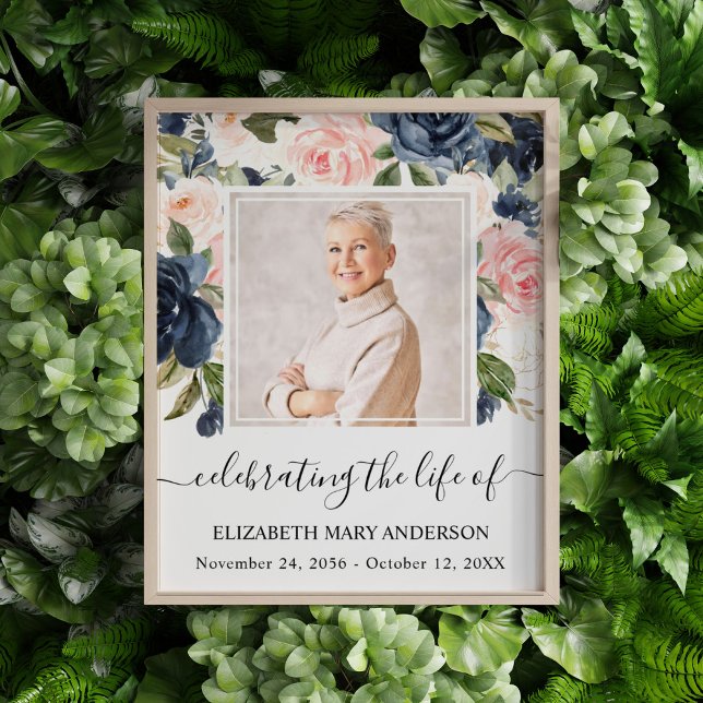 Celebrating Life Photo Navy Pink Floral Memorial (Navy blush pink floral watercolor celebration of life poster with a photo of your loved one.)