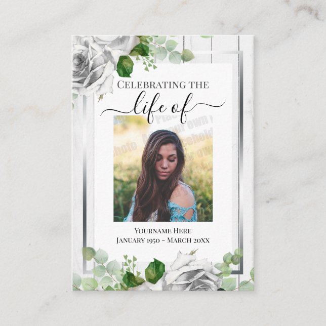 Celebrating Life Rustic Wood One Photo Remembrance Business Card (Front)