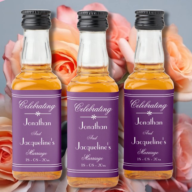 Celebrating Marriage Chic Script Purple White Mini Liquor Bottle Label (Celebrating Marriage - Personalized Chic Script Purple White Mini Liquor Bottle Labels)