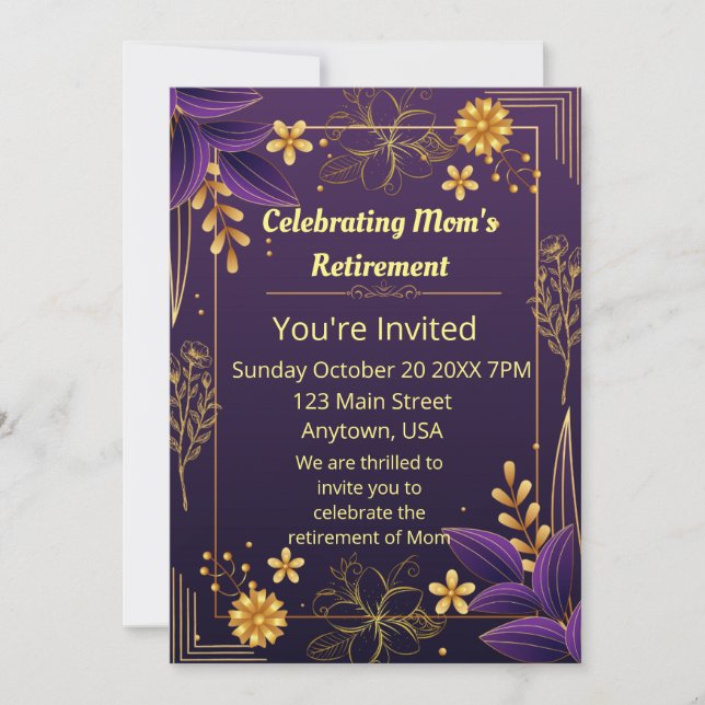 Celebrating Mon's Retirment Purple Gold Accents Invitation (Front)