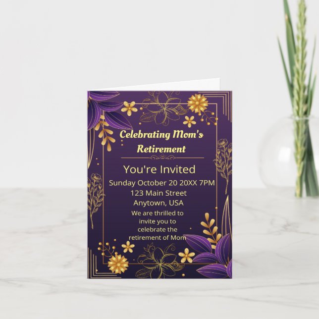 Celebrating Mon's Retirment Purple Gold Accents Invitation (Front)
