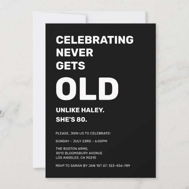 Celebrating Never Gets Old Funny 80th Birthday Invitation (Front)