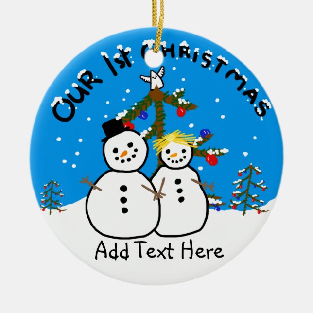 Celebrating our 1st Xmas Funny Snowman couple Ceramic Tree Decoration (Front)