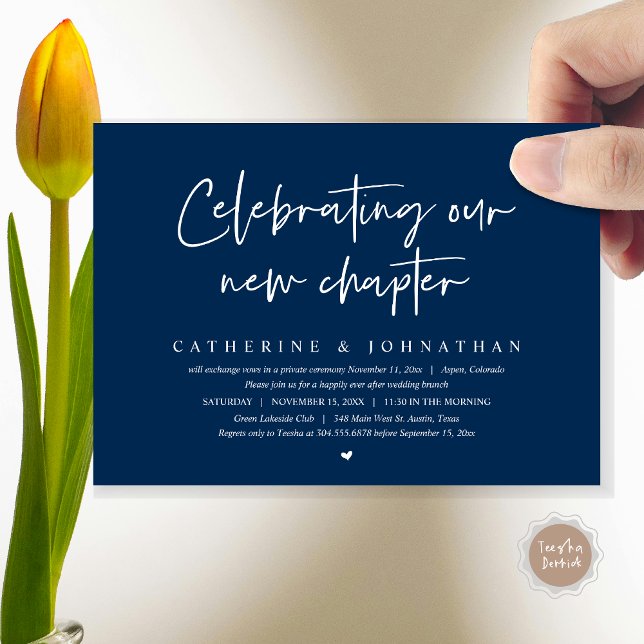 Celebrating Our New Chapter, Elopement Brunch Invitation (Celebrating Our New Chapter, Elopement Brunch/ Dinner / Party Invitation Card, in Classy Navy Blue)