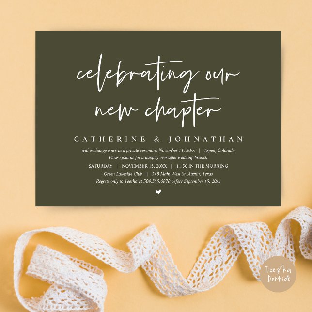 Celebrating Our New Chapter, Elopement Brunch Invitation (Celebrating Our New Chapter, Wedding Elopement Brunch Invitation Card, PDF, in Olive Green)